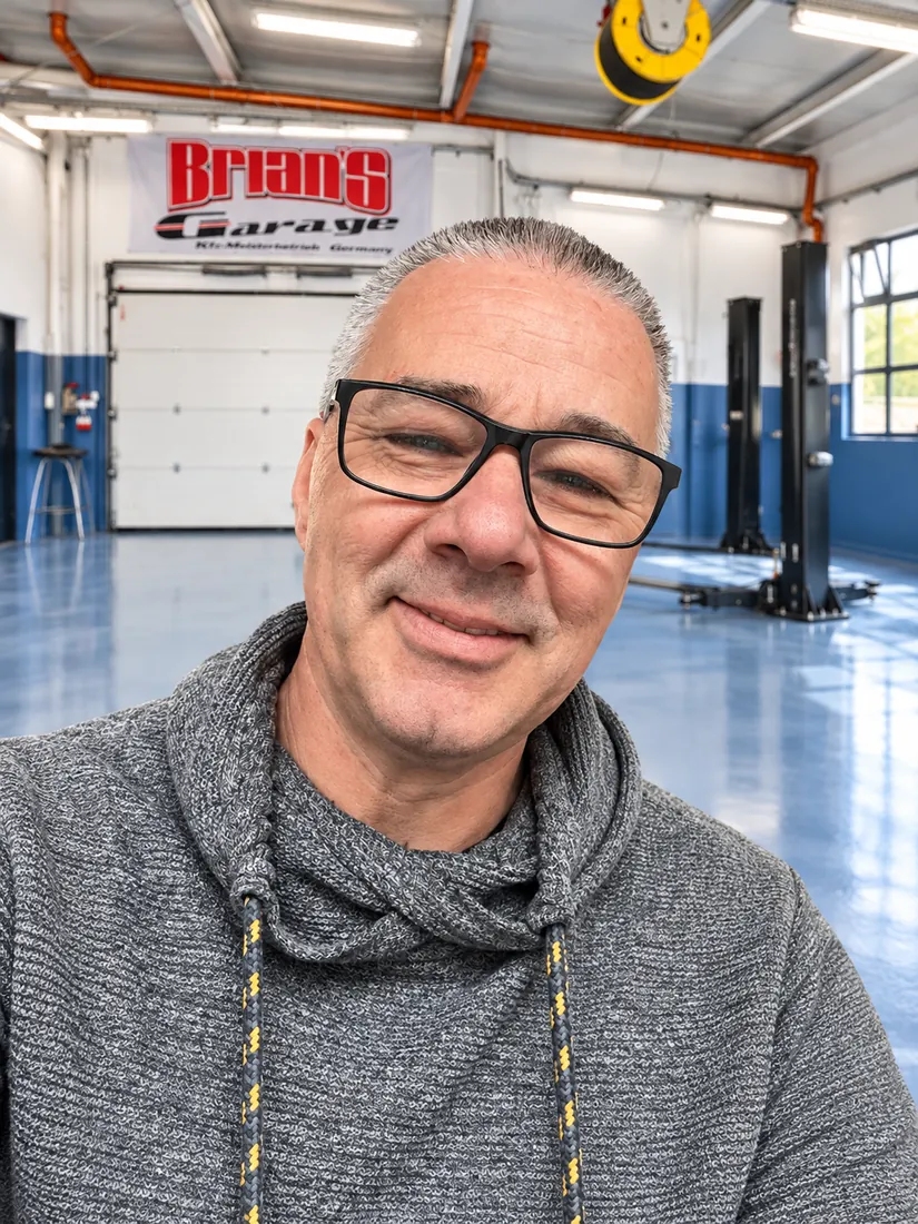 Brian Klein in seiner Werkstatthalle, im Hintergrund das Logo von Brian's Garage