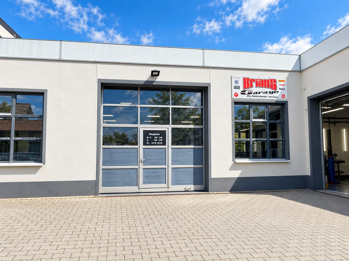 Außenansicht der Werkstatthalle mit Schriftzug Brian's Garage