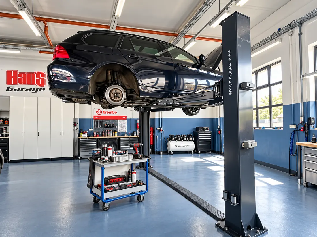BMW Limousine angehoben auf der Zweisäulenbühne
