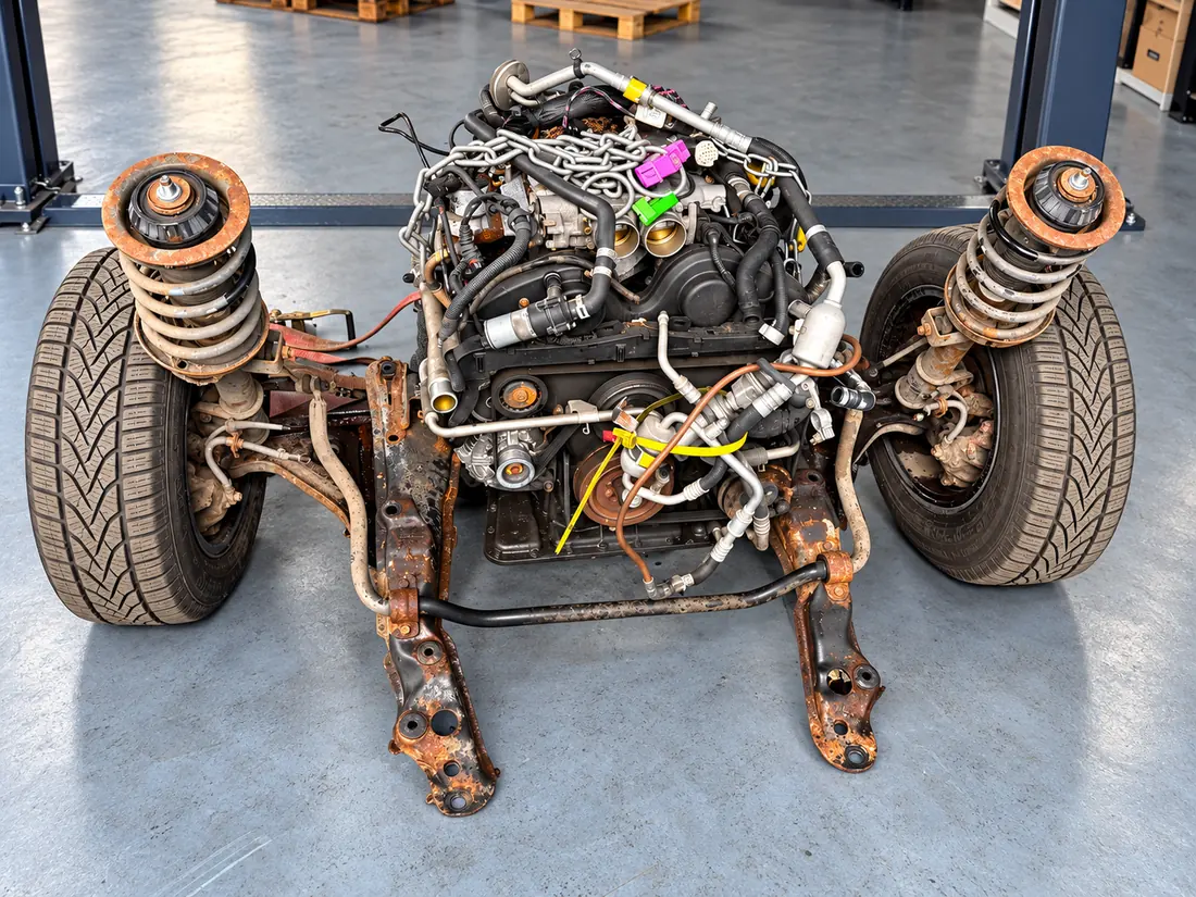 Kompletter Motor mit Vorderachse auf dem Hallenboden