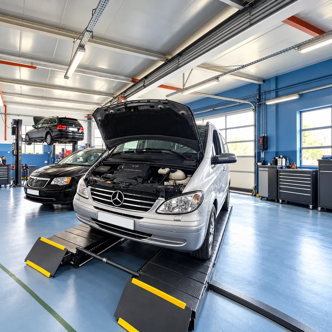 Mercedes Vito auf Auffahrrampe mit geöffneter Motorhaube