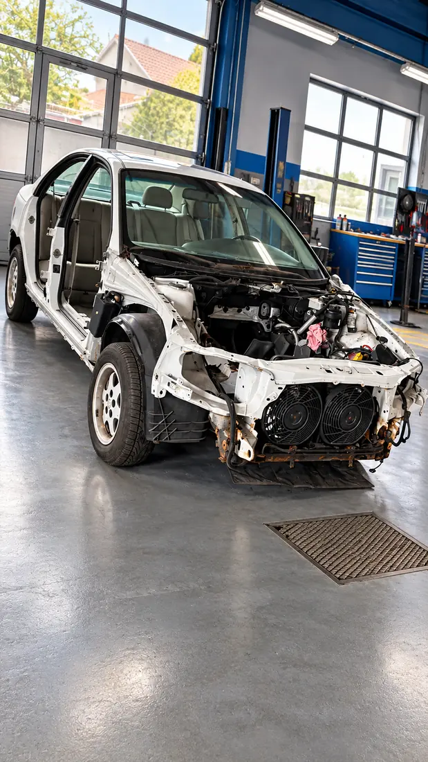 Teilzerlegte weiße Limousine in der Werkstatt